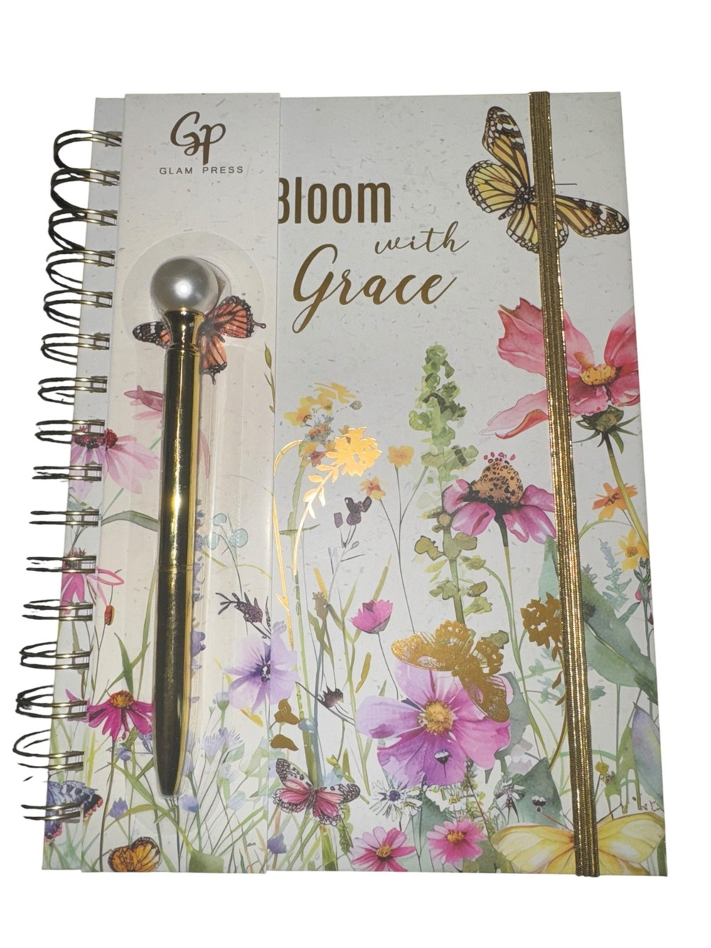 Bloom with Grace Spiral Notebook & Gold Pen - White Floral